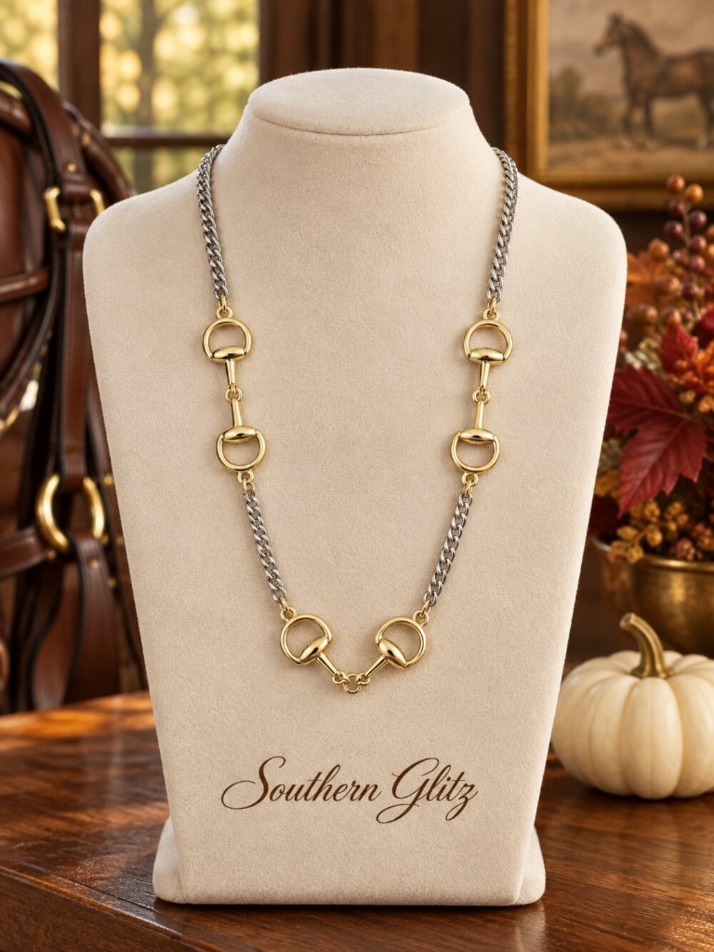 Two Tone Horse Bit Necklace, Gold and Silver Equestrian Necklace, Snaffle Bit